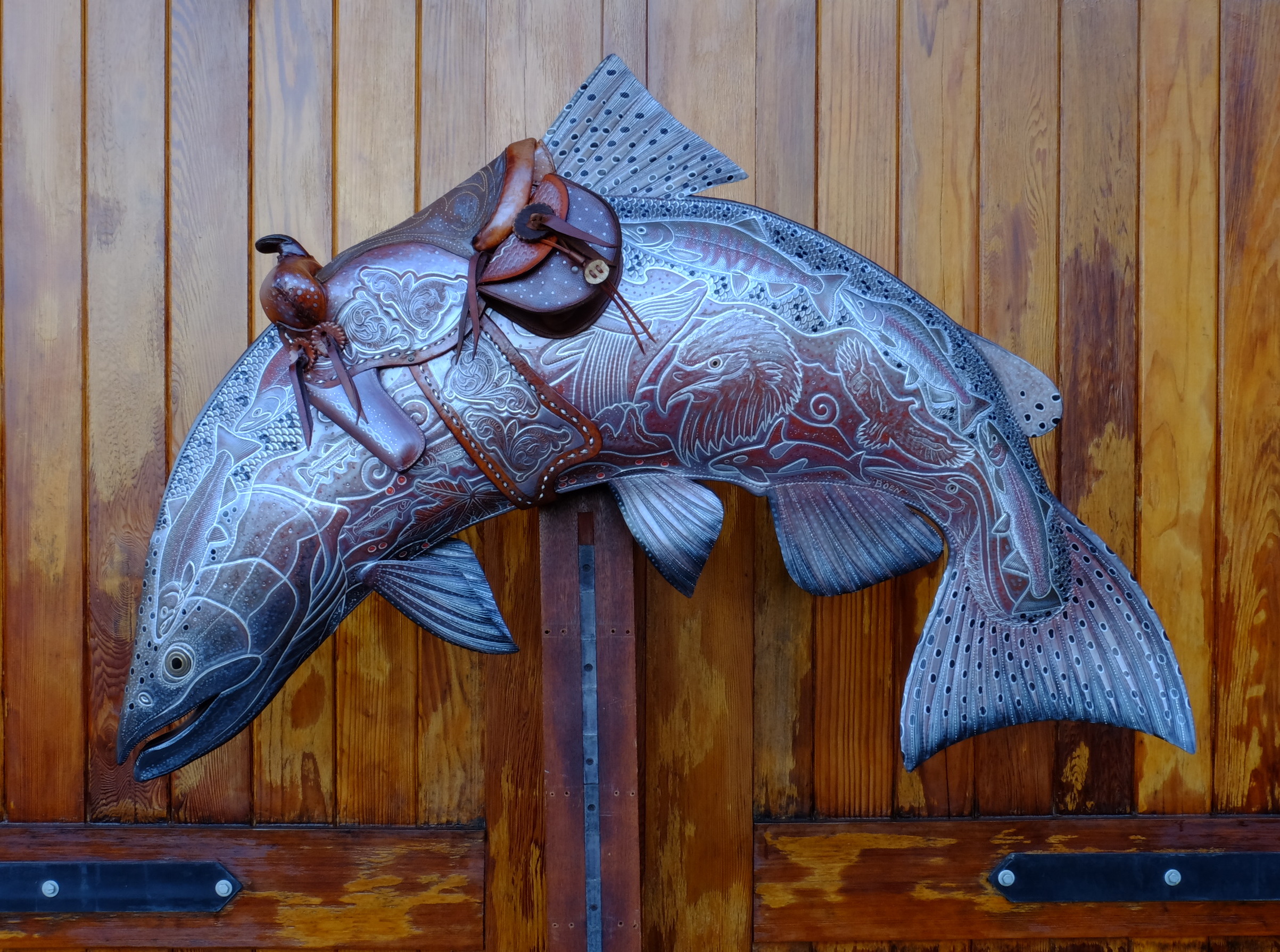 Bucking Salmon Leather Sculpture, fly fishing painting artwork